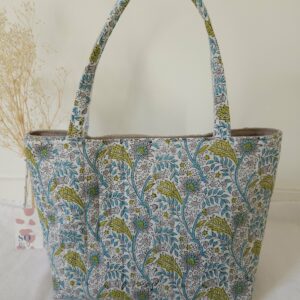 Sac Cabas en tissu indien vert/bleu/blanc cassé