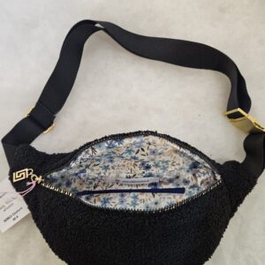 Sac Banane teddy peluche noir intérieur fleuri bleu