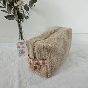 Trousse de toilette teddy peluche beige intérieur coton enduit vichy