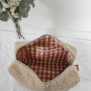 Trousse de toilette teddy peluche beige intérieur coton enduit vichy