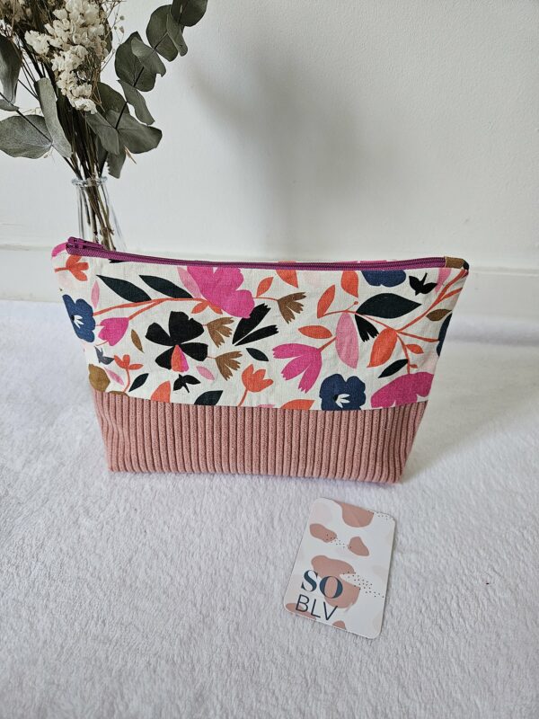 Pochette Girly en tissu fleuri et velours côtelé rose