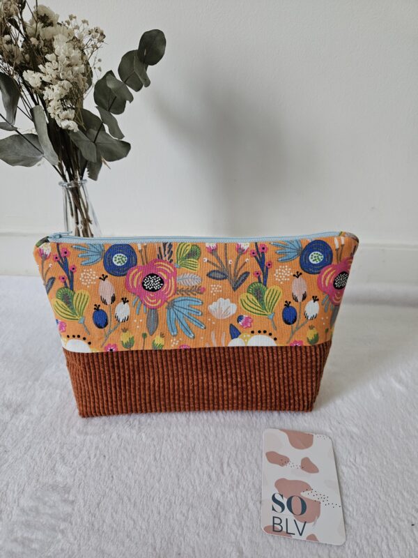 Pochette Girly en tissu fleuri corail et velours côtelé rouille