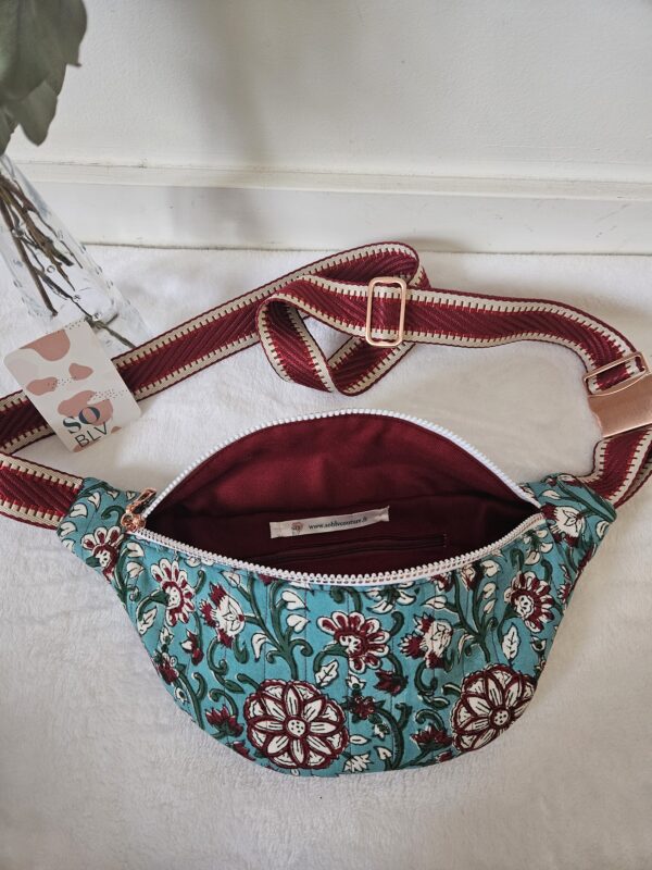 Sac Banane coton indien matelassé turquoise et rouge – Image 2