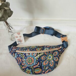 Sac Banane coton indien matelassé bleu fleuri orangé, vert