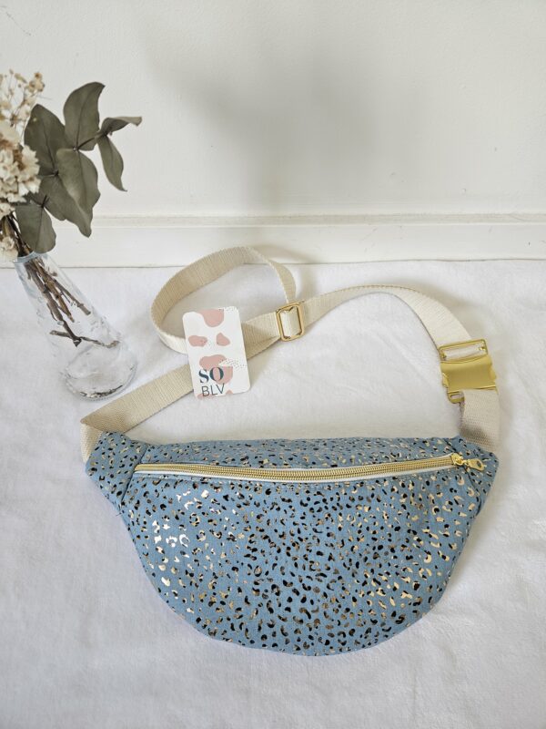 Sac Banane coton bleu clair imprimé léopard doré