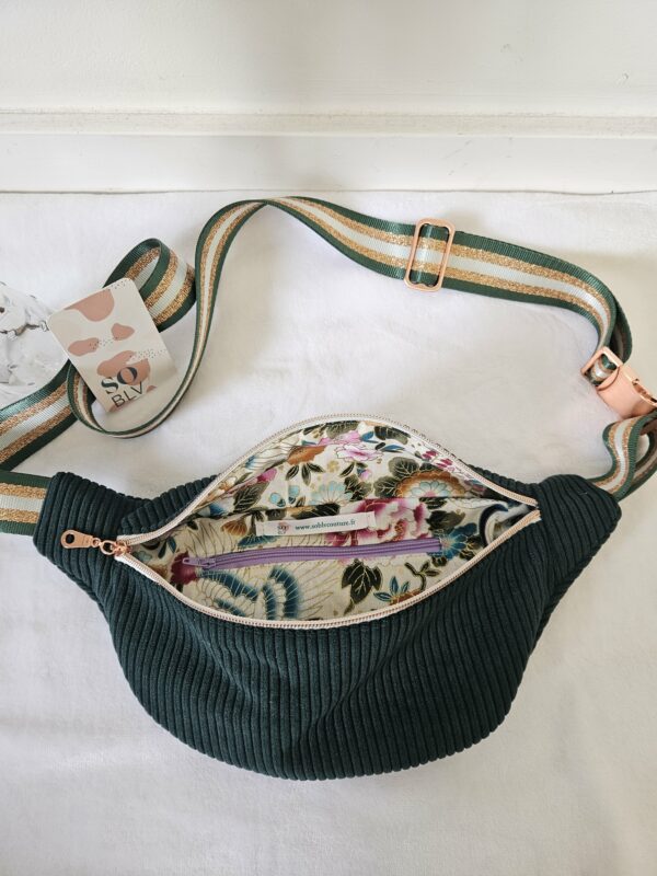 Sac Banane velours côtelé vert intérieur japonisant – Image 2
