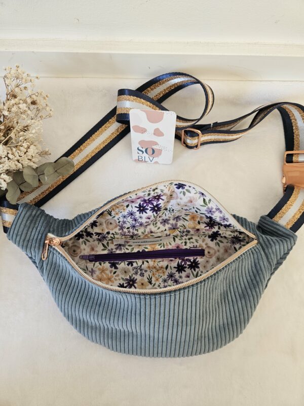 Sac Banane velours côtelé bleu clair intérieur fleuri – Image 2