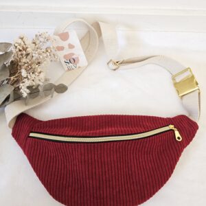 Sac Banane velours côtelé bordeaux intérieur japonisant fond noir