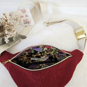 Sac Banane velours côtelé bordeaux intérieur japonisant fond noir