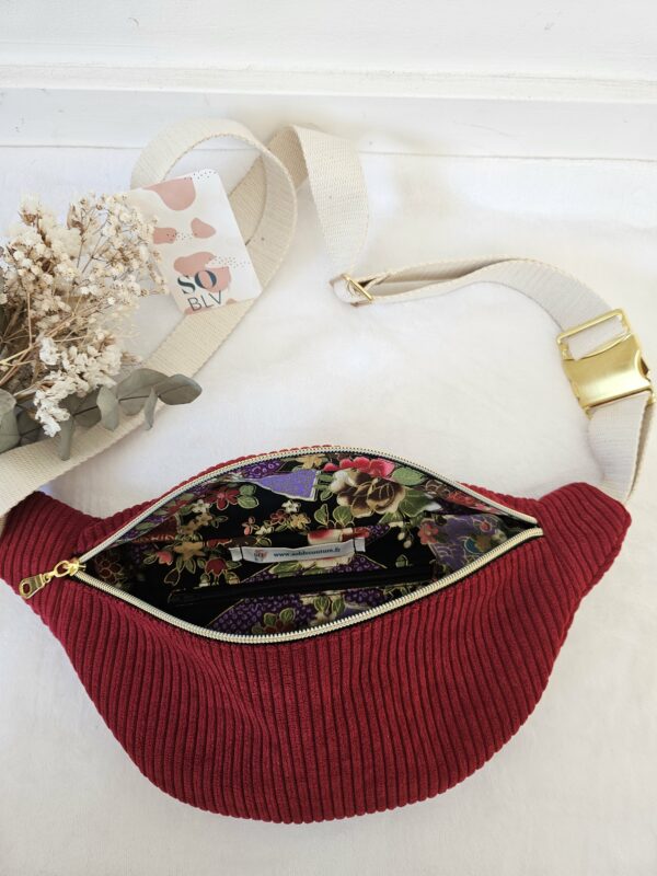 Sac Banane velours côtelé bordeaux intérieur japonisant fond noir – Image 2