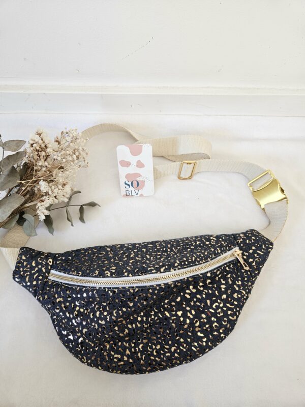 Sac Banane coton bleu foncé imprimé léopard doré