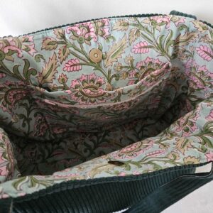 Sac Cabas en velours côtelé vert sapin intérieur tissu vert d’eau