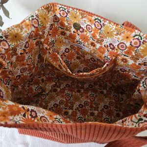 Sac Cabas en velours côtelé terracotta intérieur coton fleuri orangé