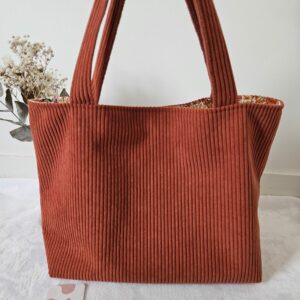 Sac Cabas en velours côtelé terracotta intérieur coton fleuri orangé