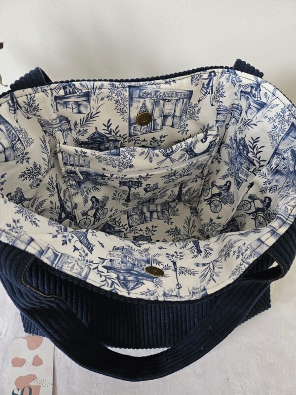 Sac Cabas bleu marine en velours côtelé intérieur tissu coton imprimé Paris – Image 2