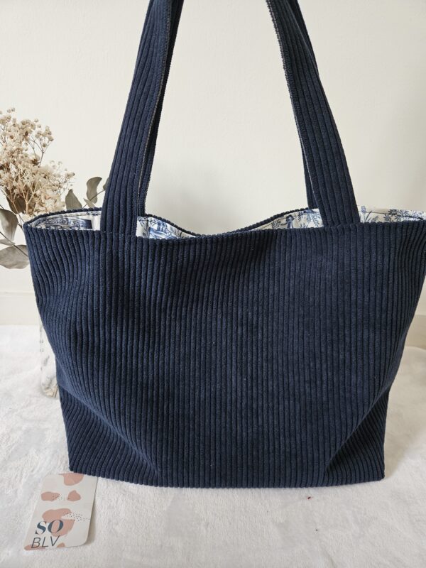 Sac Cabas bleu marine en velours côtelé intérieur tissu coton imprimé Paris