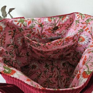 Sac Cabas bordeaux en velours côtelé intérieur tissu indien rose