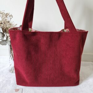 Sac Cabas bordeaux en velours côtelé intérieur tissu indien rose
