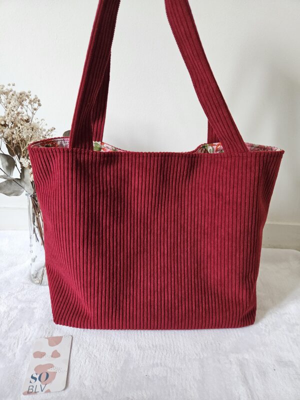Sac Cabas bordeaux en velours côtelé intérieur tissu indien rose
