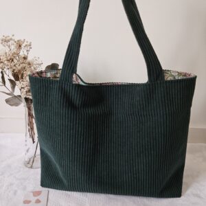 Sac Cabas en velours côtelé vert sapin intérieur tissu vert d’eau