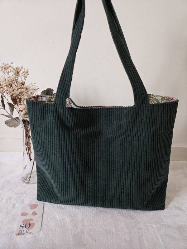 Sac Cabas en velours côtelé vert sapin intérieur tissu vert d'eau
