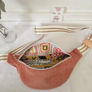 Sac Banane velours côtelé corail intérieur coton estivale