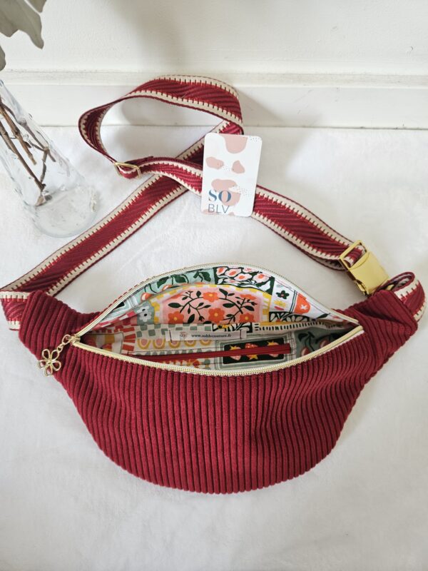 Sac Banane velours côtelé bordeaux intérieur fleuri – Image 2