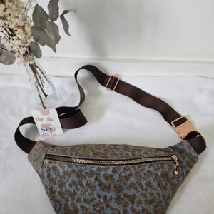 Sac Banane coton bleu jean et marron imprimé léopard