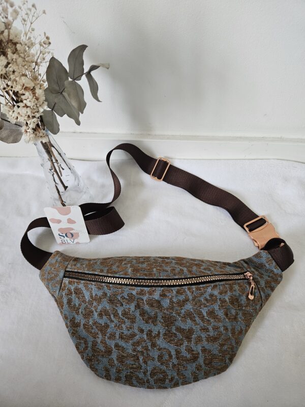Sac Banane coton bleu jean et marron imprimé léopard
