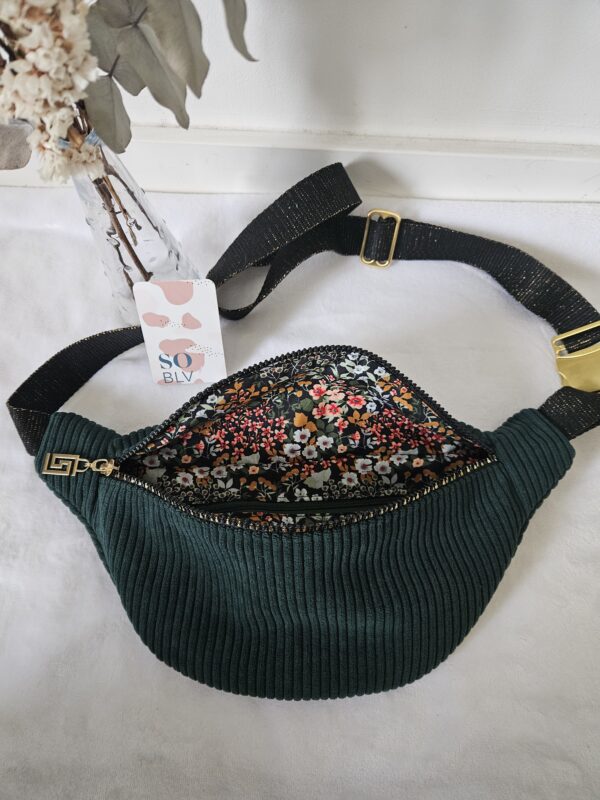 Sac Banane velours côtelé vert foncé intérieur fleuri – Image 2