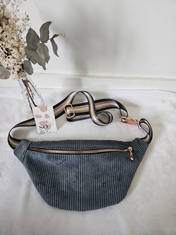 Sac Banane velours côtelé bleu jean intérieur imprimé japonisant