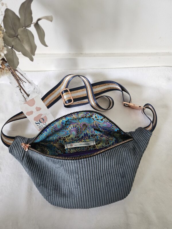 Sac Banane velours côtelé bleu jean intérieur imprimé japonisant – Image 2
