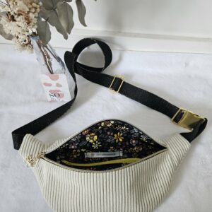 Sac Banane velours côtelé beige intérieur coton fleuri