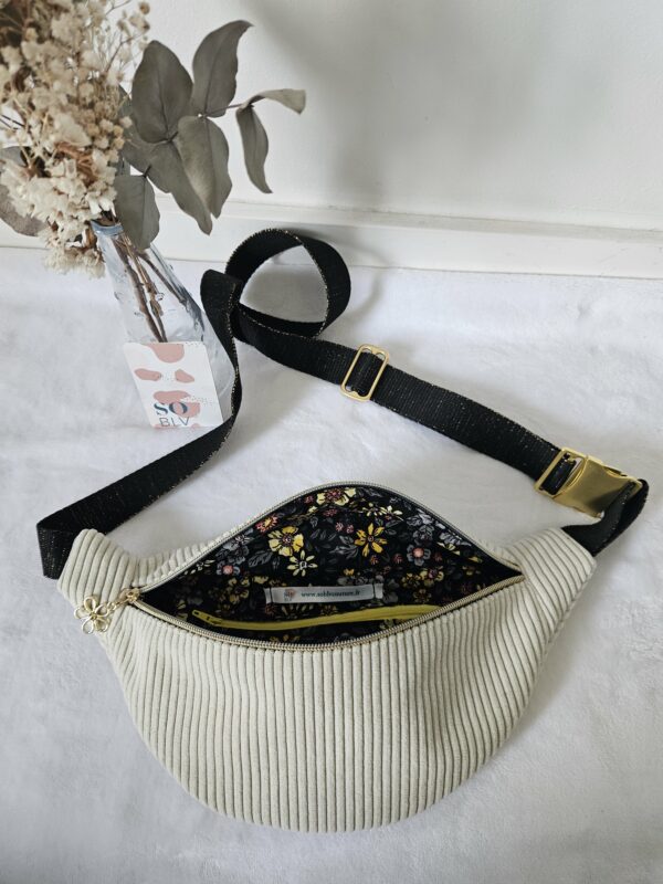 Sac Banane velours côtelé beige intérieur coton fleuri – Image 2