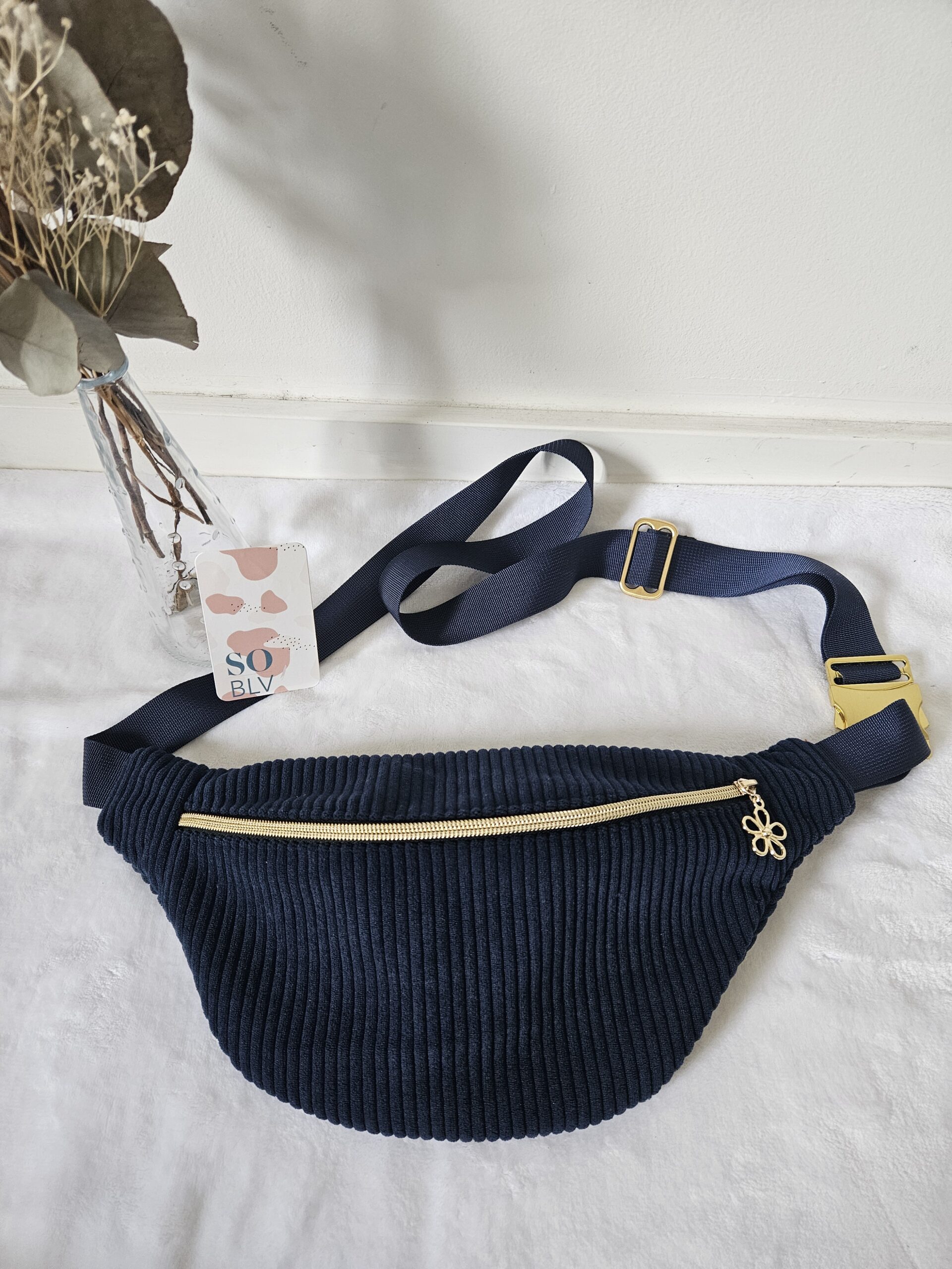 Sac Banane velours côtelé bleu marine intérieur imprimé savane