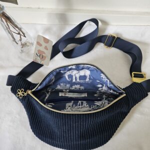 Sac Banane velours côtelé bleu marine intérieur imprimé savane