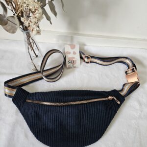 Sac Banane velours côtelé bleu marine intérieur fleuri
