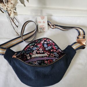 Sac Banane velours côtelé bleu marine intérieur fleuri