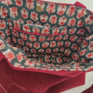 Sac Cabas en velours côtelé bordeaux intérieur coton indien