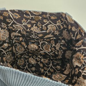 Sac Cabas en velours côtelé bleu intérieur coton indien