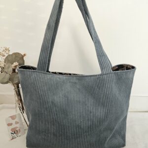 Sac Cabas en velours côtelé bleu intérieur coton indien