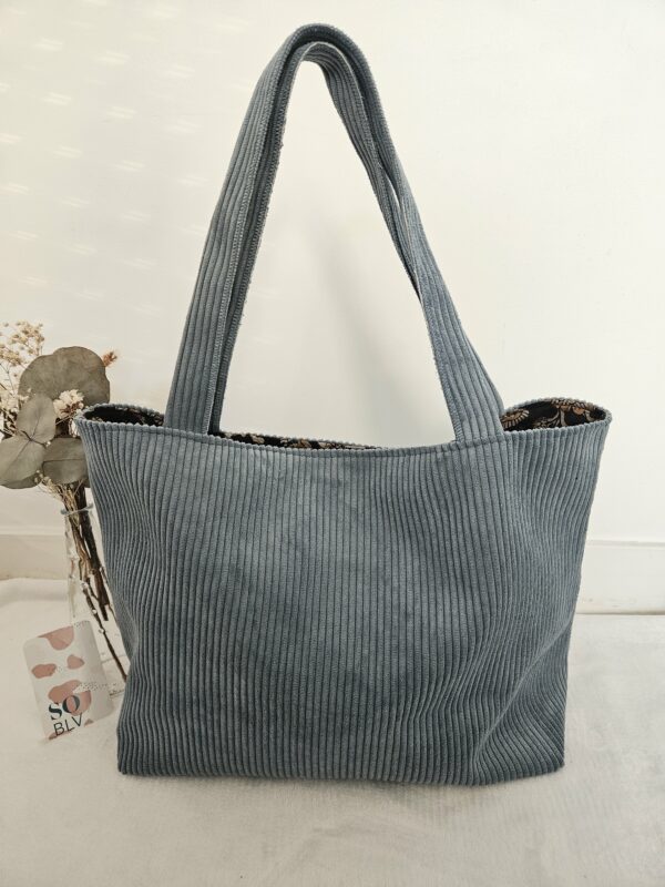 Sac Cabas en velours côtelé bleu intérieur coton indien