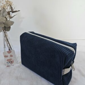 Trousse de toilette velours côtelé bleu marine intérieur coton enduit marine
