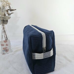 Trousse de toilette velours côtelé bleu marine intérieur coton enduit marine