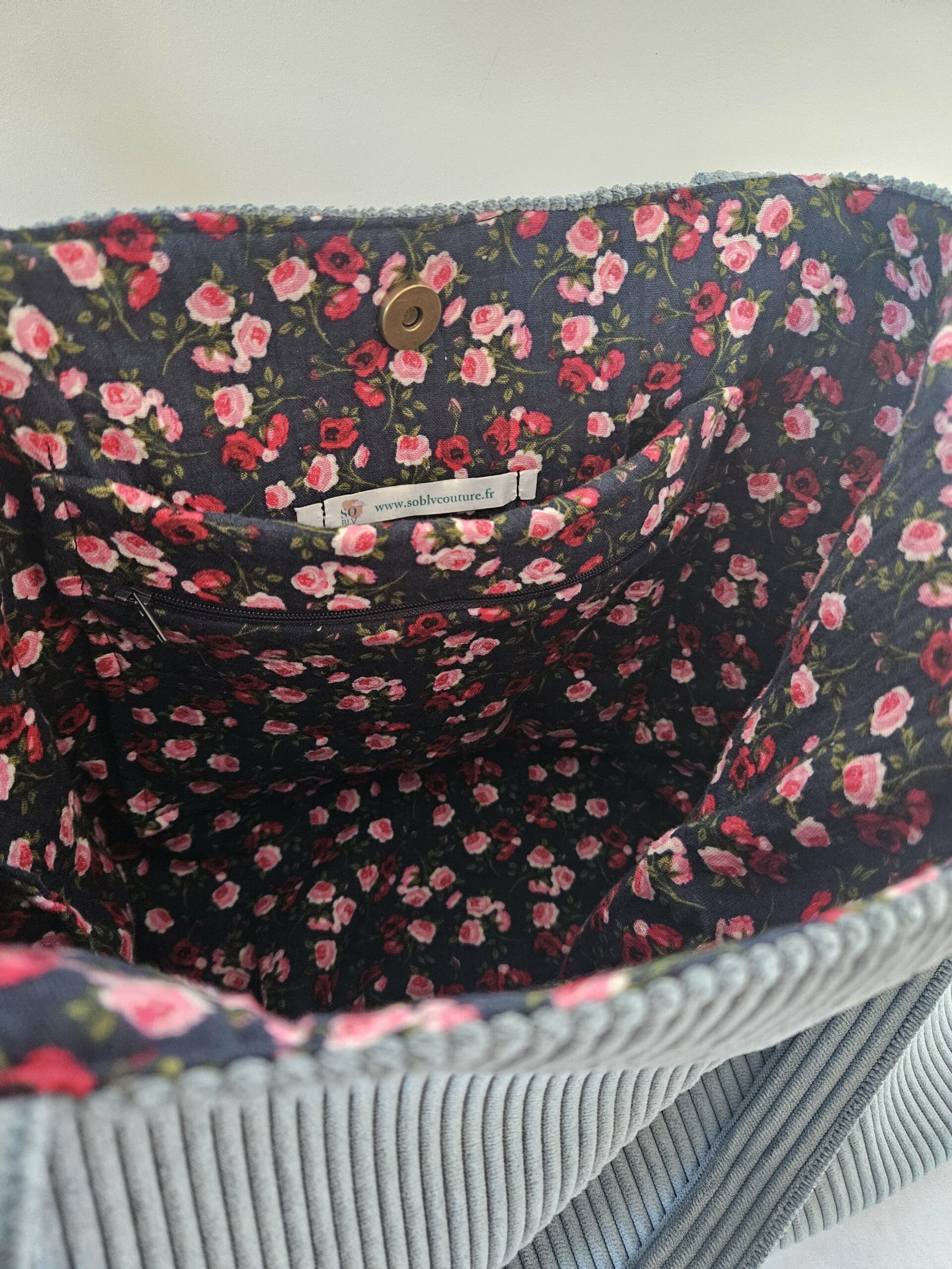 Sac Cabas en velours côtelé bleu clair intérieur double gaze de coton – Image 2