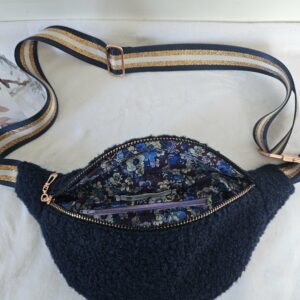 Sac Banane curly bouclette marine intérieur coton / rose gold