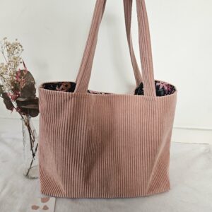 Sac Cabas en velours côtelé rose intérieur coton fleuri