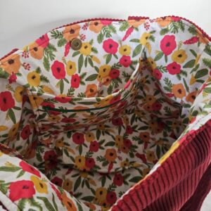 Sac Cabas en velours côtelé bordeaux intérieur coton fleuri