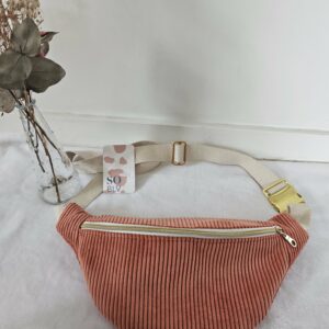 Sac Banane velours côtelé corail intérieur coton fleuri orangé