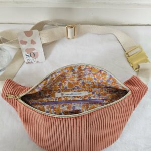 Sac Banane velours côtelé corail intérieur coton fleuri orangé